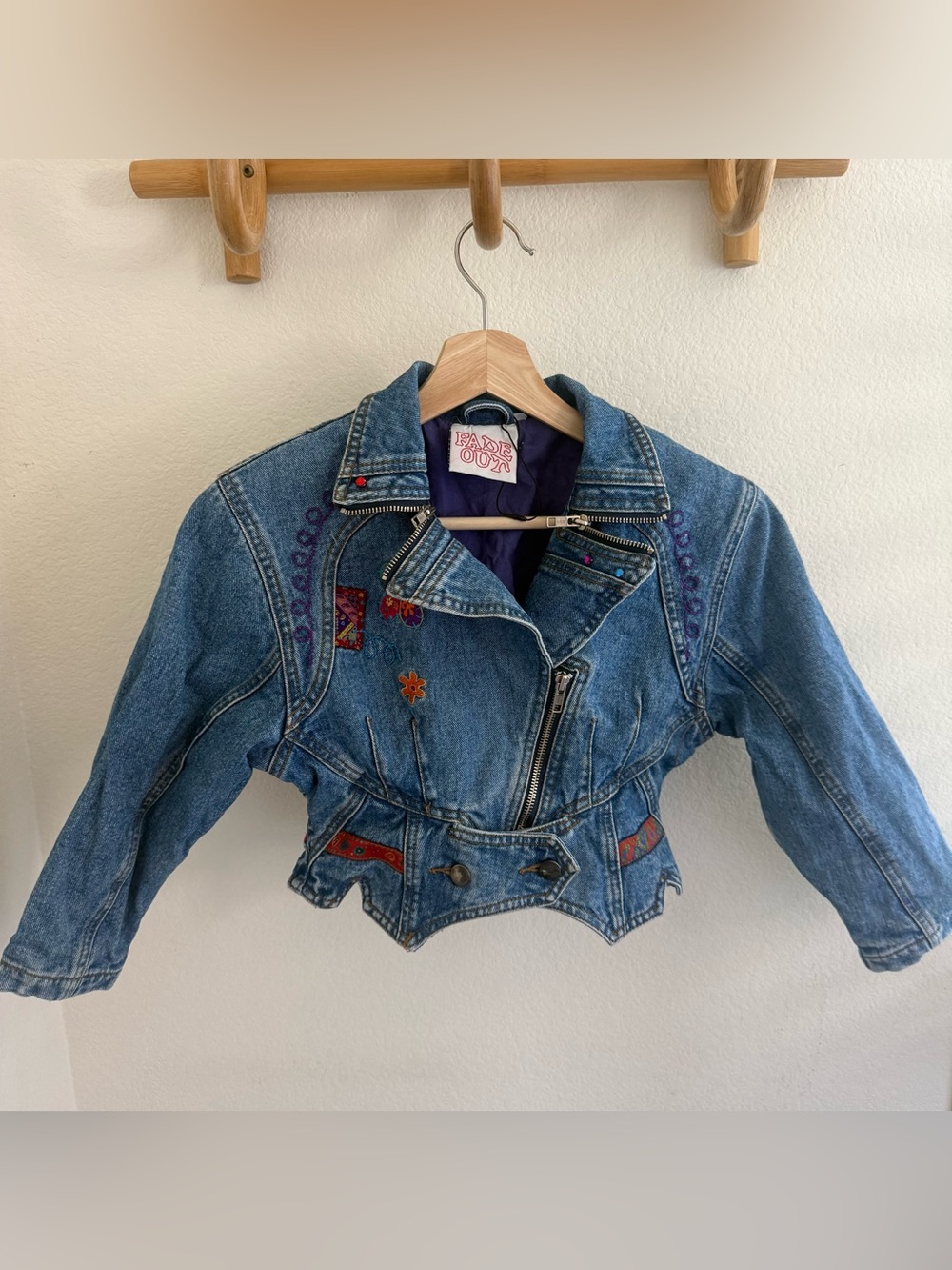 FADE OUT girls boho 80s Reworked embroidered Denim moto Jacket Cropped size 6-7